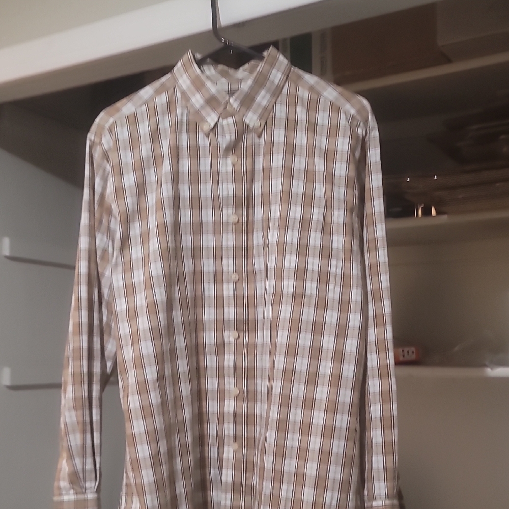 Puritan Brown and White Casual Button Down Shirt Lightweight Plaid